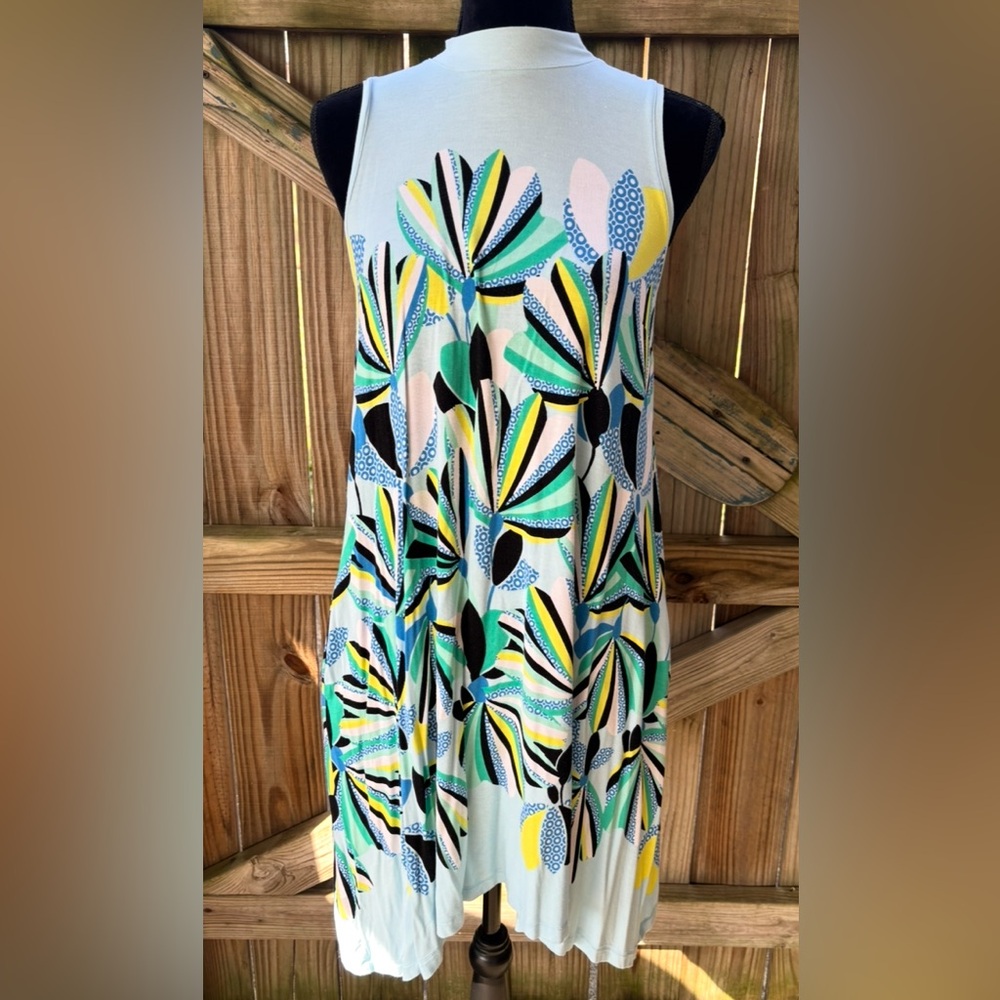 Kaari Blue Sleeveless A-Line Mock Turtleneck Jade Bloom Trapeze Dress M